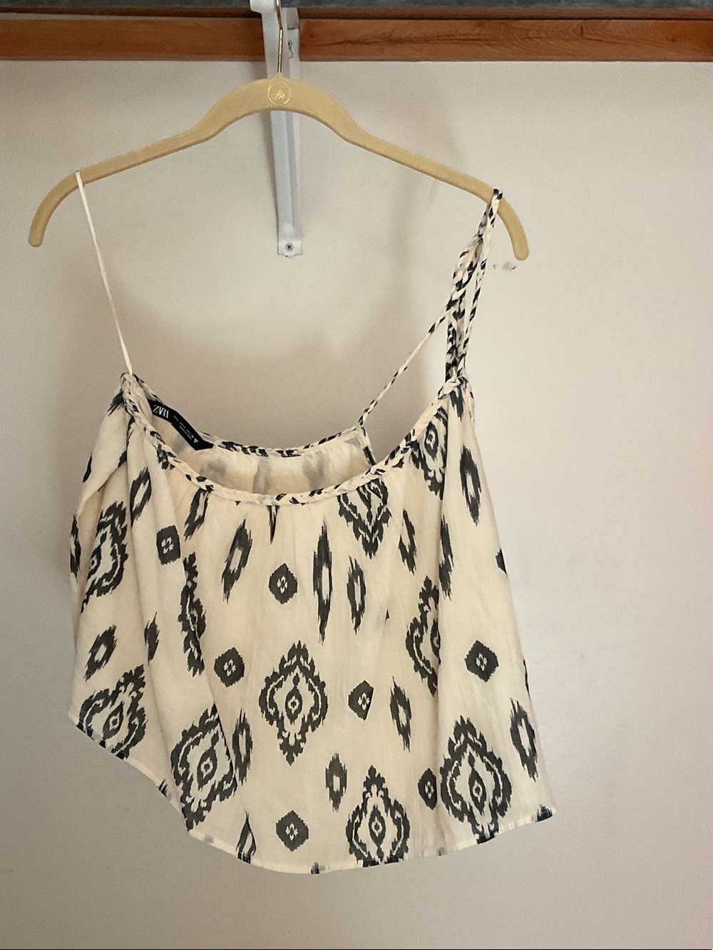 Zara Asymmetrical one shoulder top with Black Geometric Print